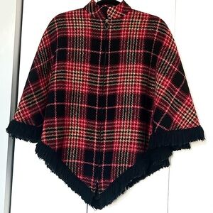 Vintage 60s Poncho Dutchmaid Pink Red Plaid Wool Tweed with Fringe and Zipper